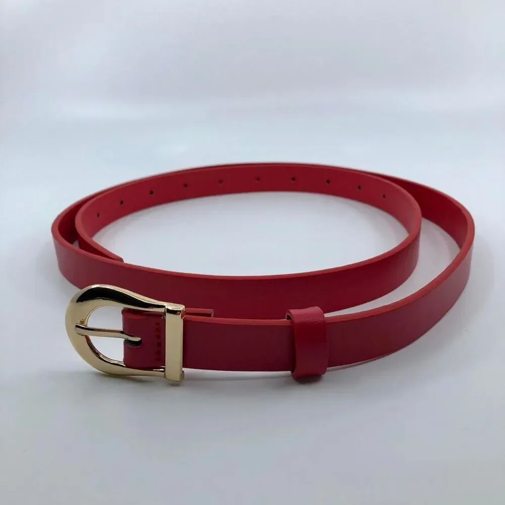 Women's Red Faux Leather Belt w/ Gold Buckle, Fits 34